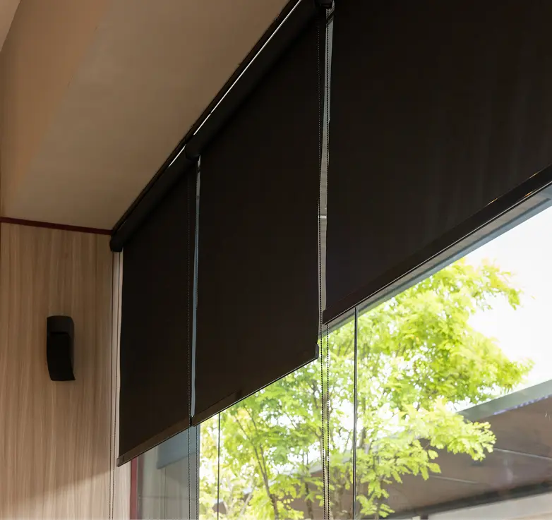 Black roller blinds covering large windows.